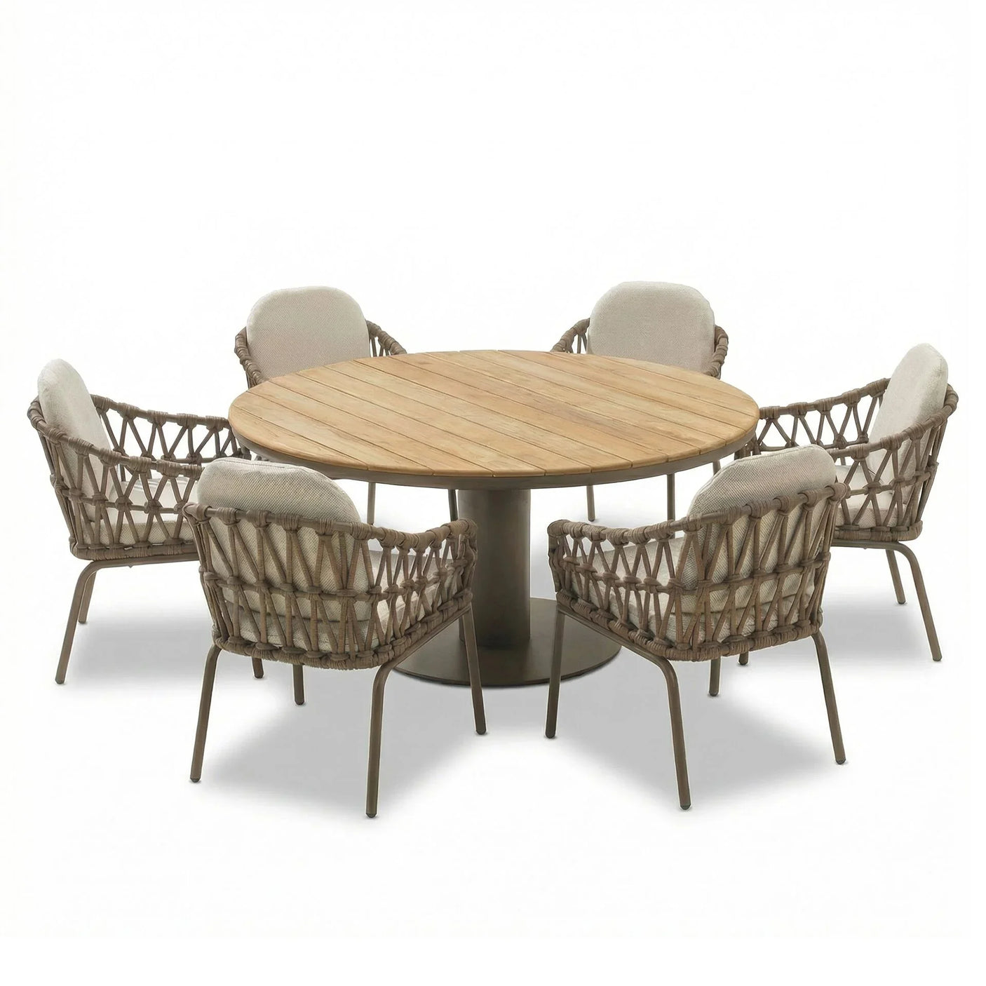 Round wooden dining table with six rattan chairs and cream cushions