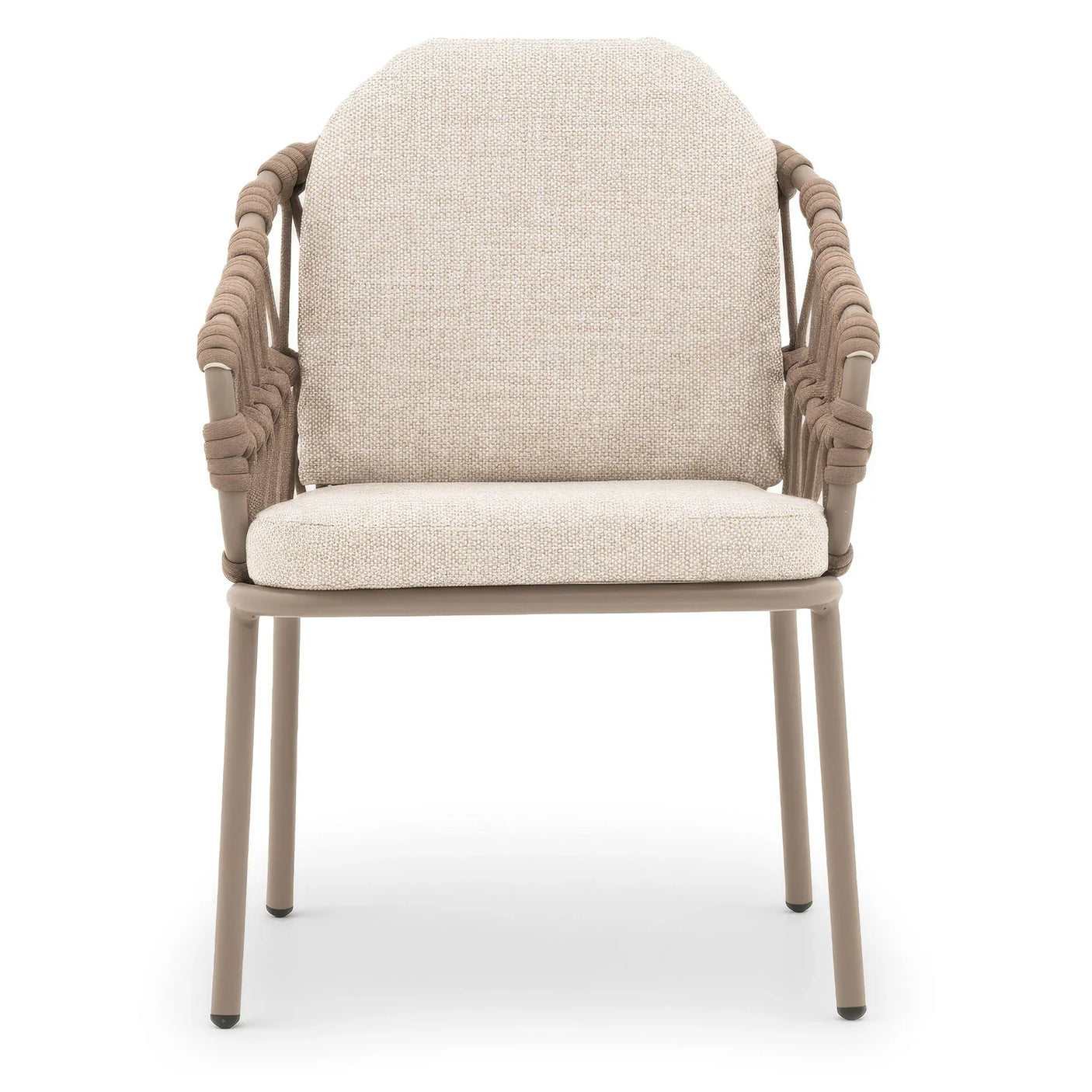 Beige cushioned dining chair with woven rope arms and metal frame, front view