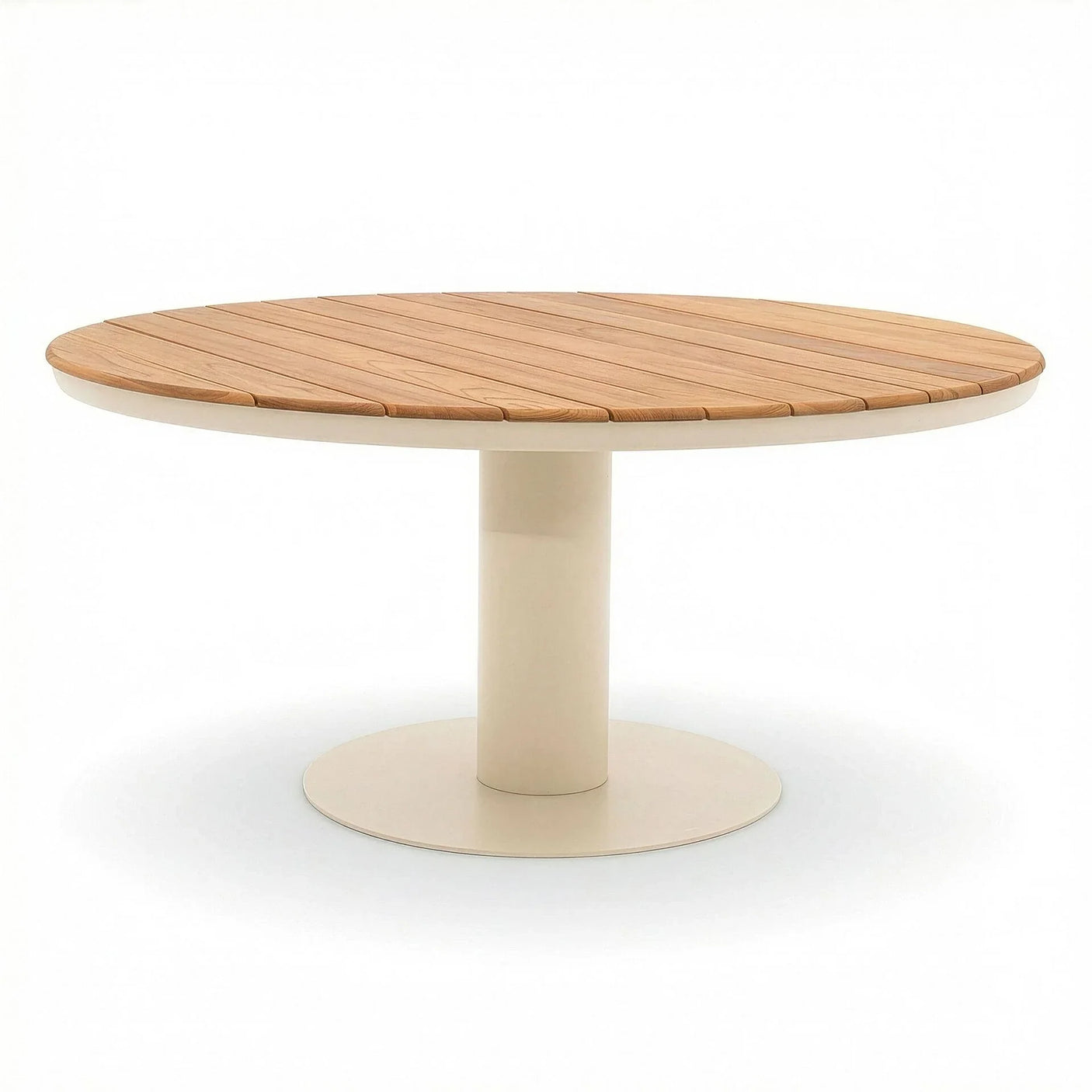 Round wooden dining table with slatted top and central cream pedestal base