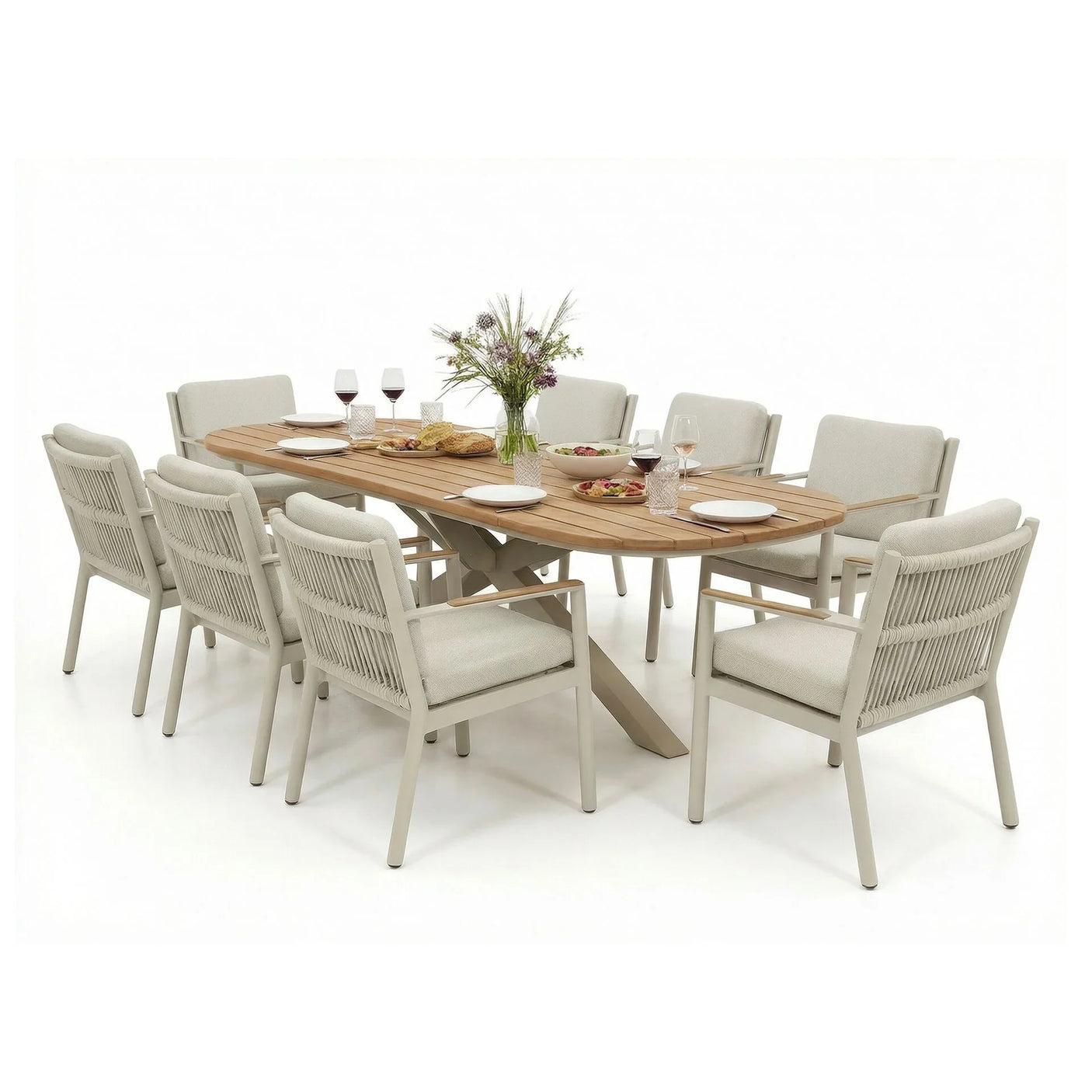 8 seater wooden dining table with beige cushioned chairs set for a meal