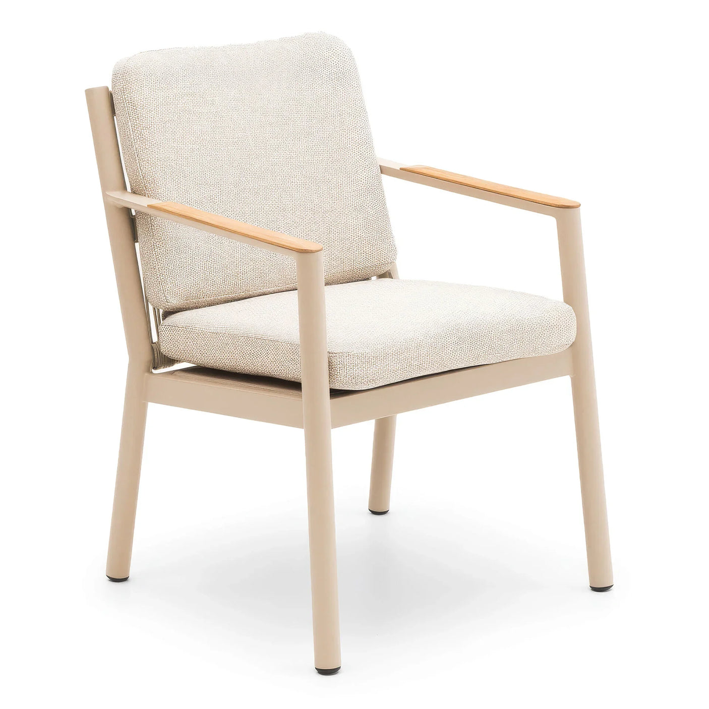 Beige upholstered dining chair with metal frame and light wood armrests, angled view