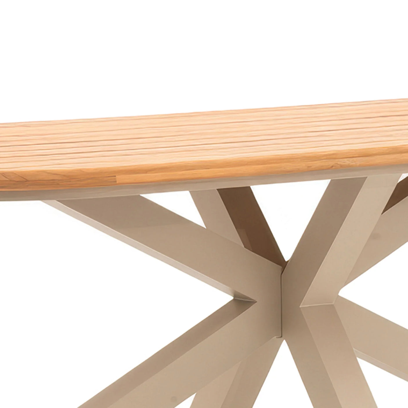 Rectangular dining table with slatted wooden top and beige metal cross base, side angle view