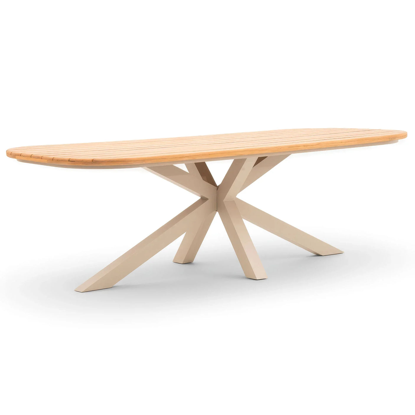 Rectangular wooden dining table with light wood slatted top and beige metal starburst base