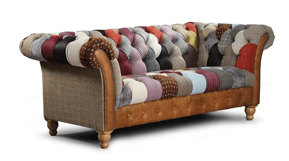 Patchwork fabric Chesterfield sofa with button-tufted back and rolled arms, wooden legs