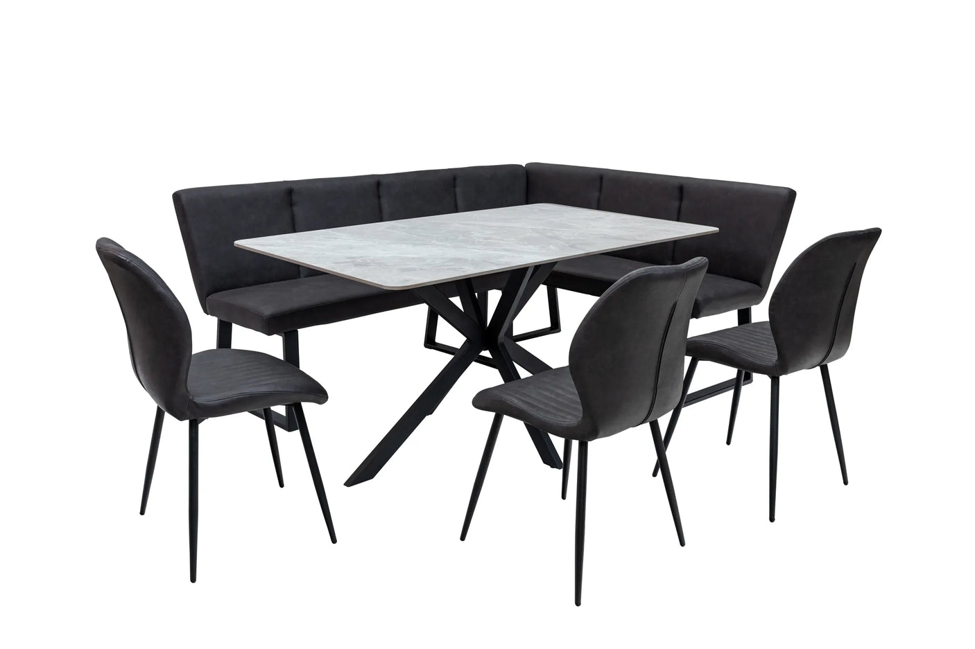 A 5-piece corner dining set featuring a rectangular white marble-patterned table with a black metal X-frame base, a black tufted corner banquette, and four matching black chairs with slim black legs, shown on a solid white background.
