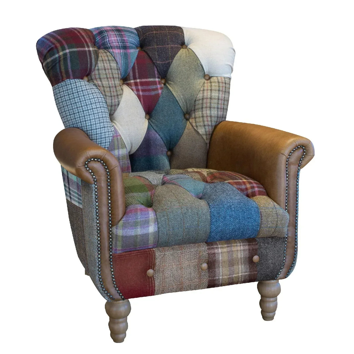 Patchwork fabric armchair with brown leather arms and wooden legs, front angle view