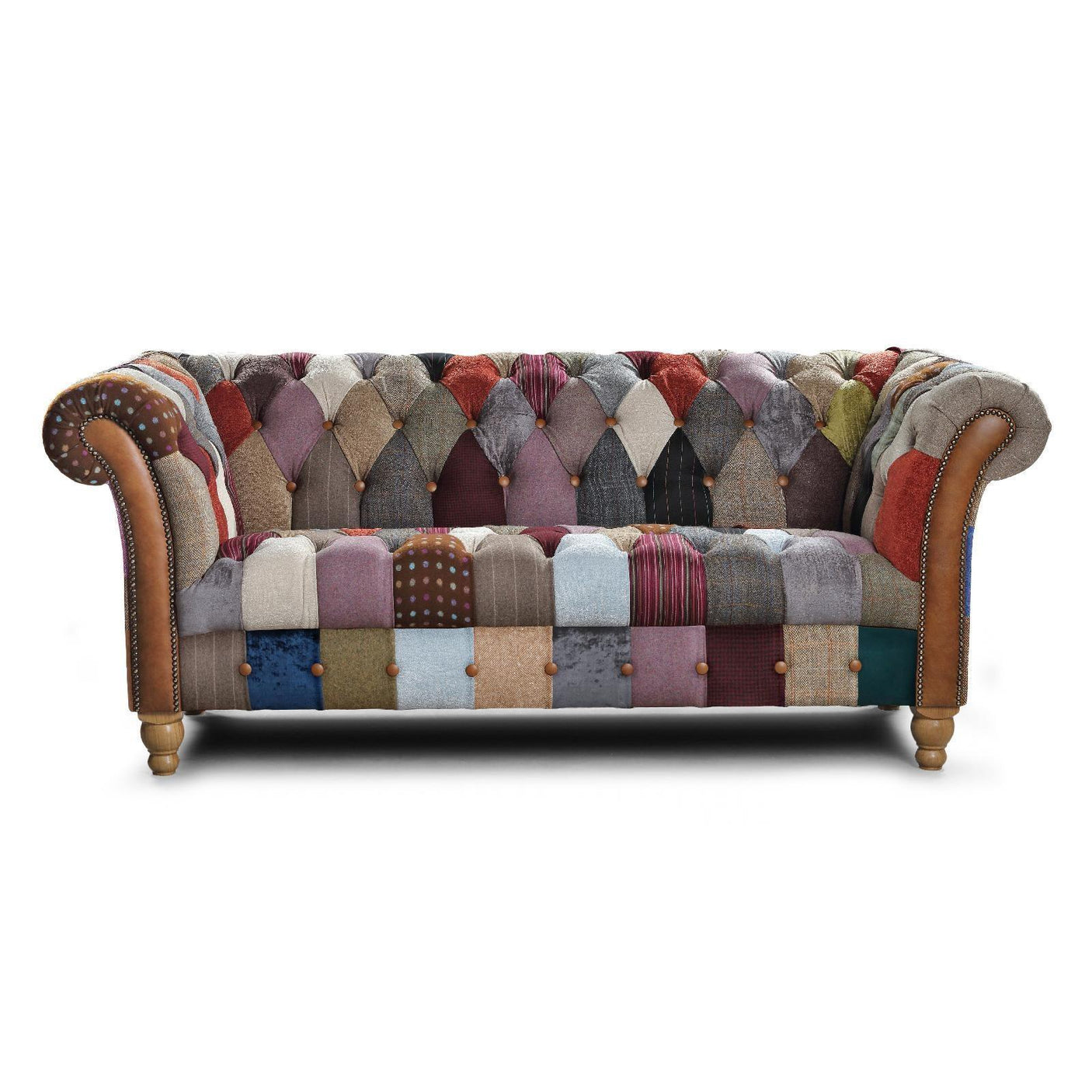 Patchwork chesterfield sofa with tufted back, wooden legs and multicoloured fabric upholstery