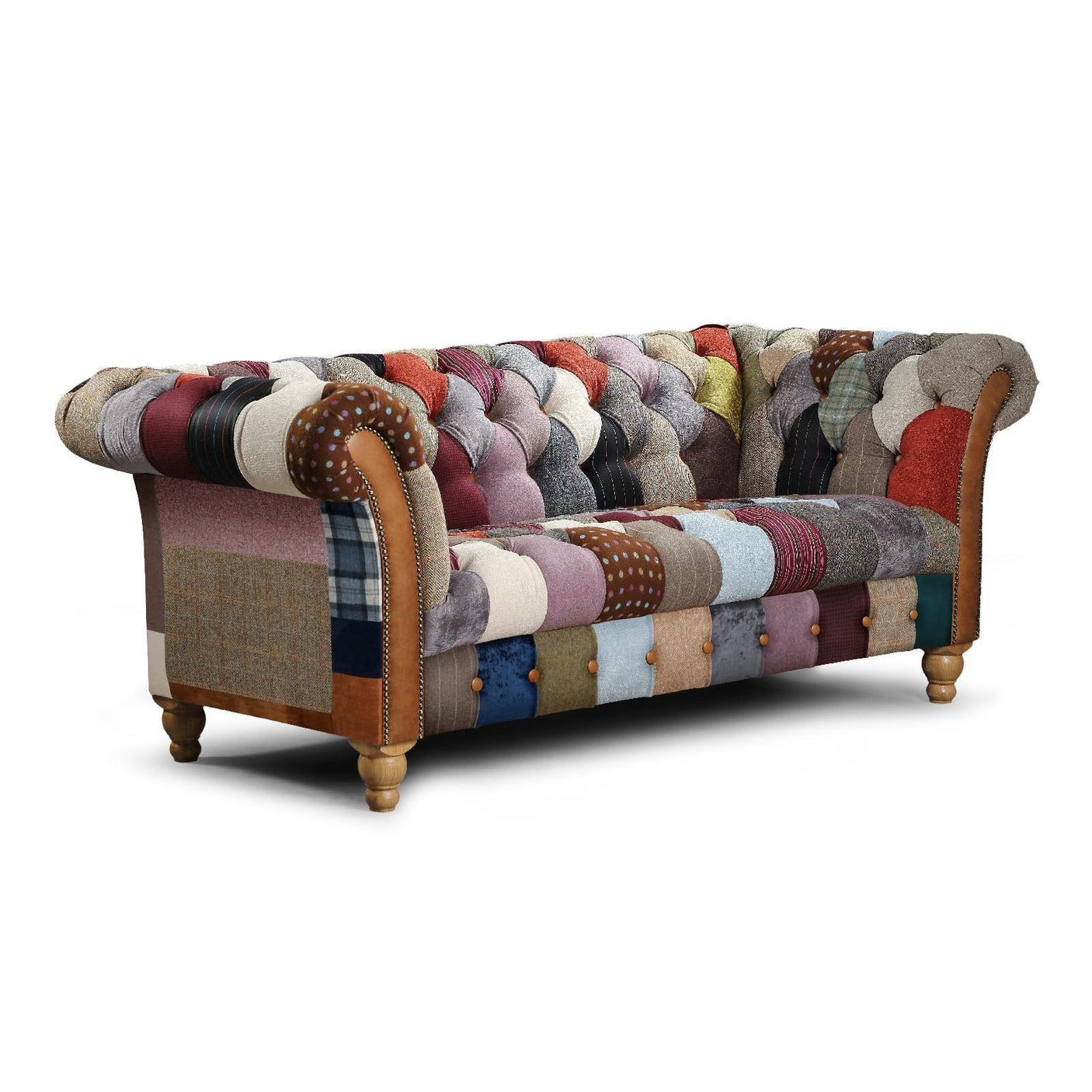 Patchwork fabric Chesterfield sofa with button-tufted design and wooden legs