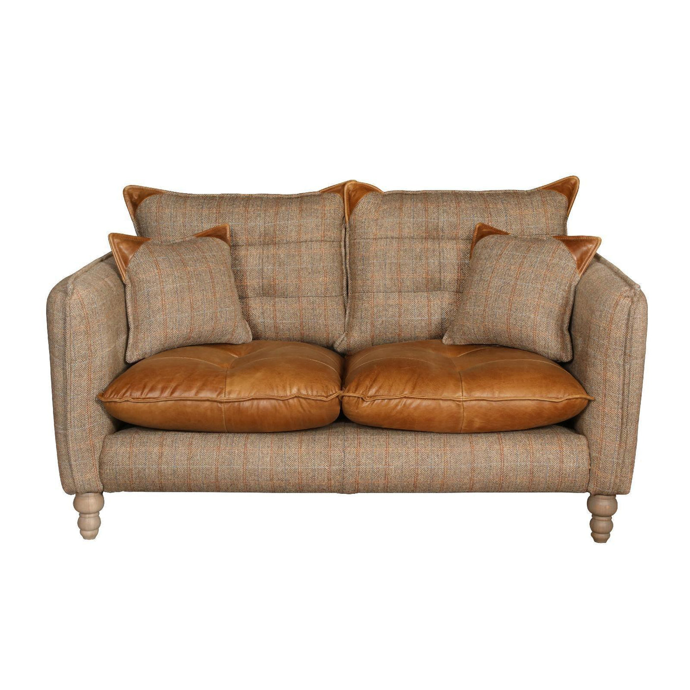 Two seater sofa with tan leather seat cushions and tweed fabric upholstery, front view