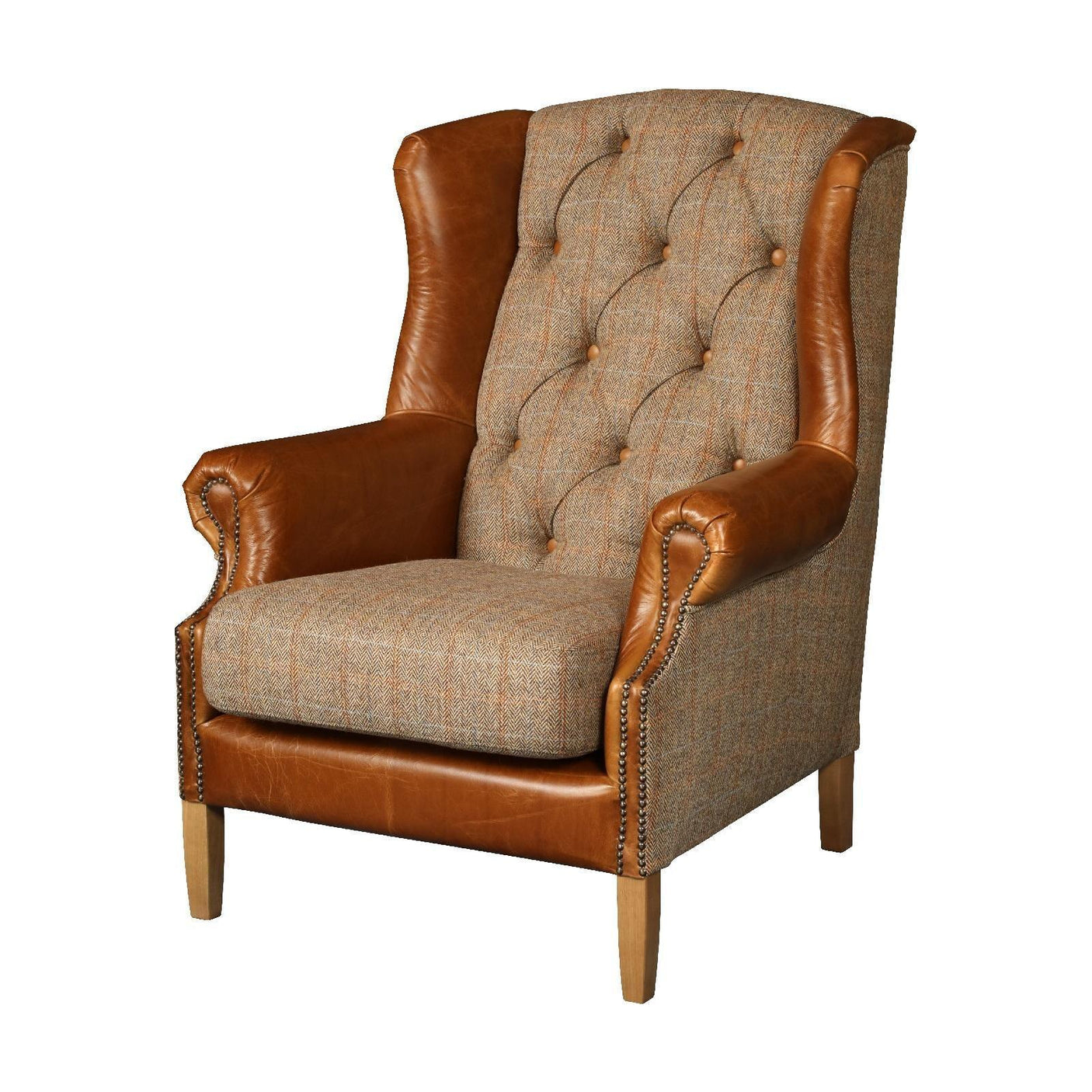 Brown leather and tweed wingback armchair with buttoned backrest and wooden legs