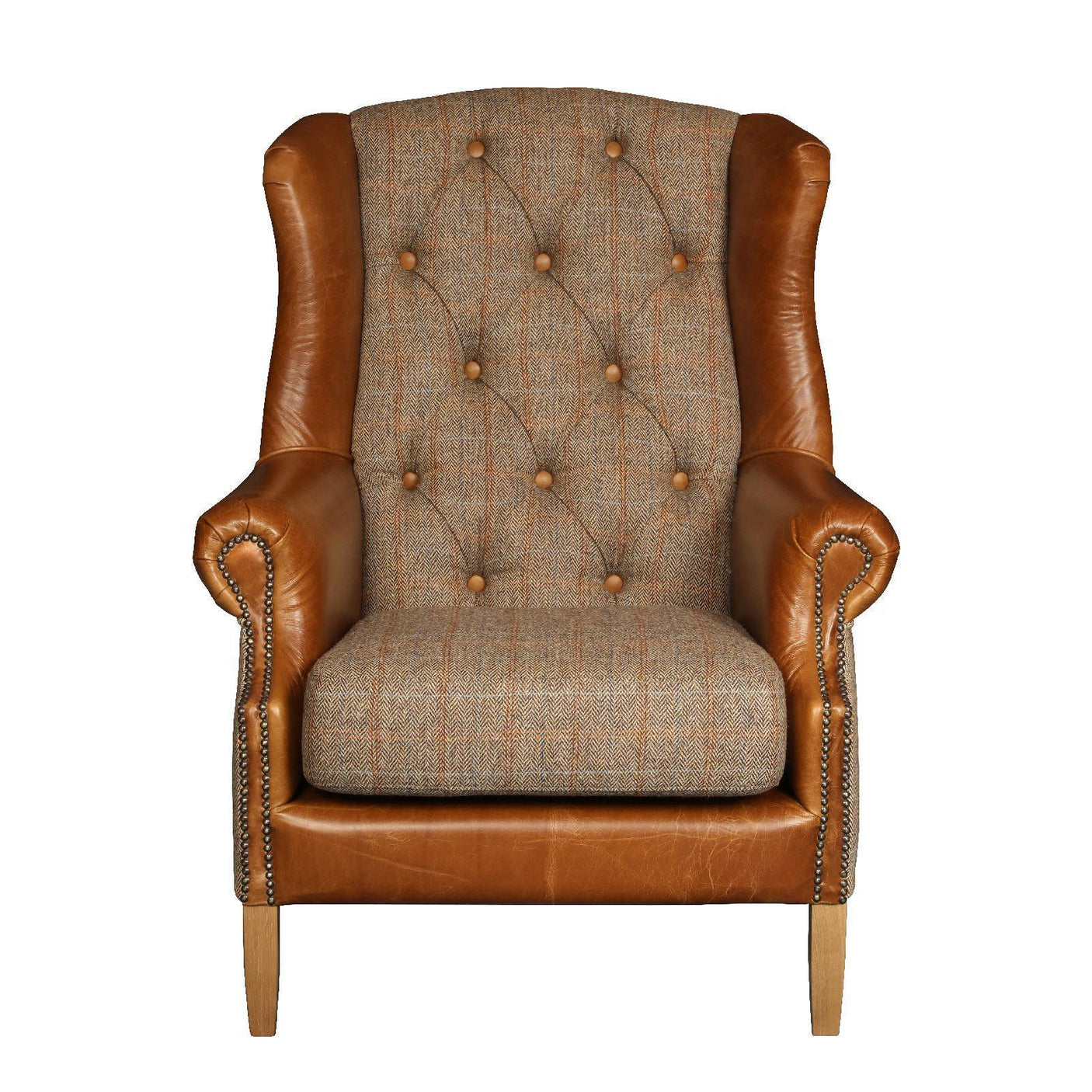 Brown leather and tweed armchair with button-tufted backrest and wooden legs