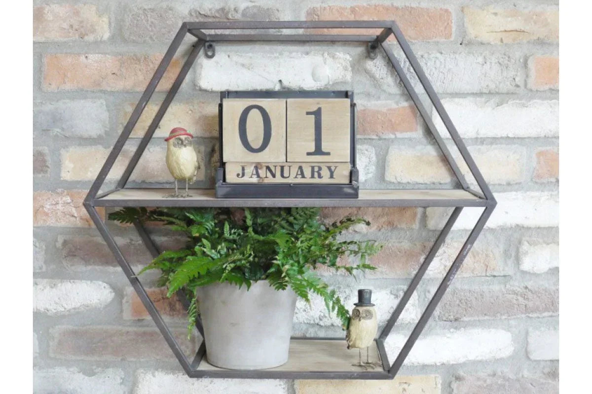 Hexagonal wall shelf with wood calendar, potted fern and decorative bird ornaments