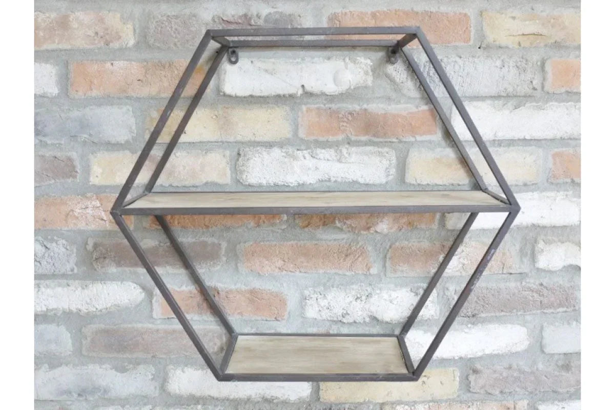 Hexagon wall shelf with metal frame and wood shelves on a brick wall