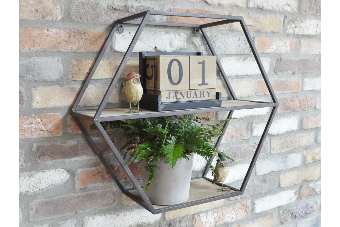 Hexagon metal wall shelf with wooden blocks, artificial plant, and bird ornaments
