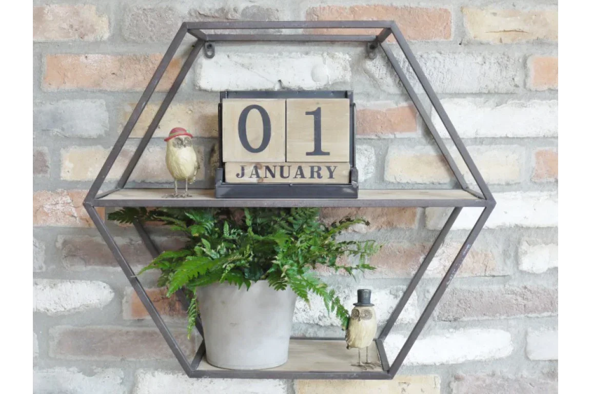 Hexagonal wall shelf with potted fern, perpetual calendar, and decorative bird ornaments