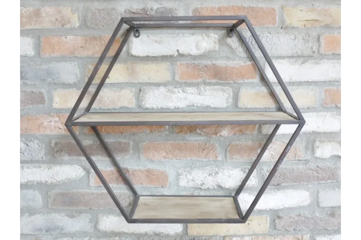 Hexagon metal wall shelf with wooden tiers mounted on exposed brick wall