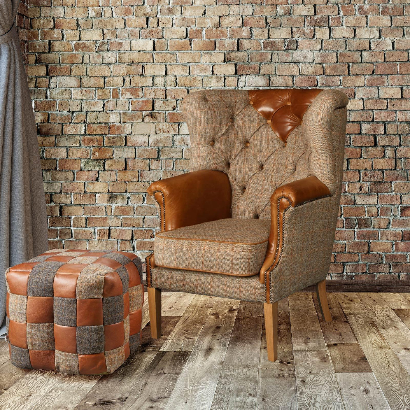 Plaid fabric and leather armchair with matching patchwork leather footstool on wood floor