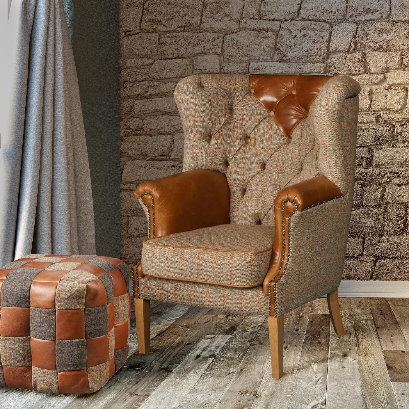 Wingback armchair with brown tweed upholstery and leather accents beside patchwork footstool