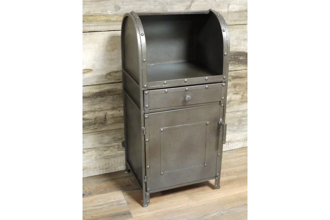 Industrial metal cabinet with rivet details, open shelf and door, rustic wood background