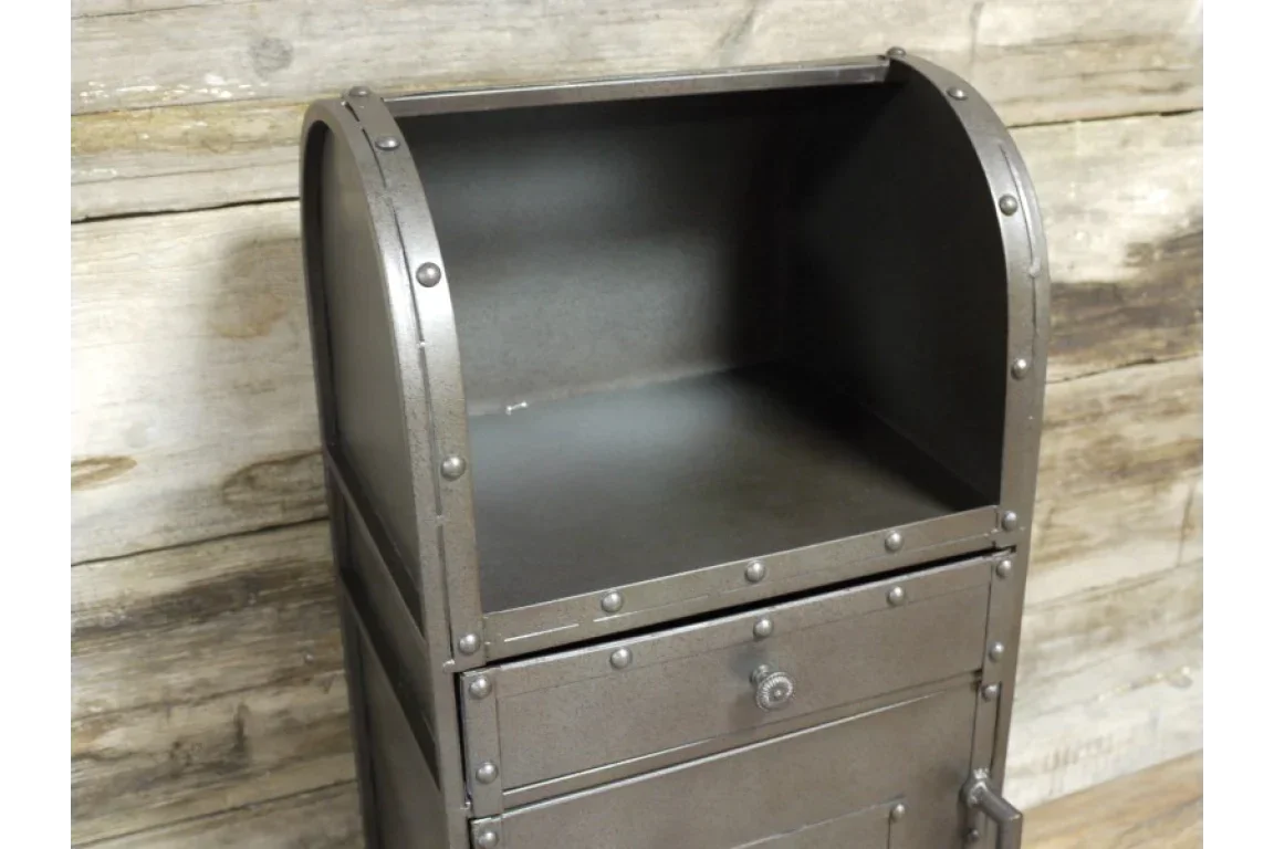 Industrial metal storage unit with rivet detailing and curved open top shelf