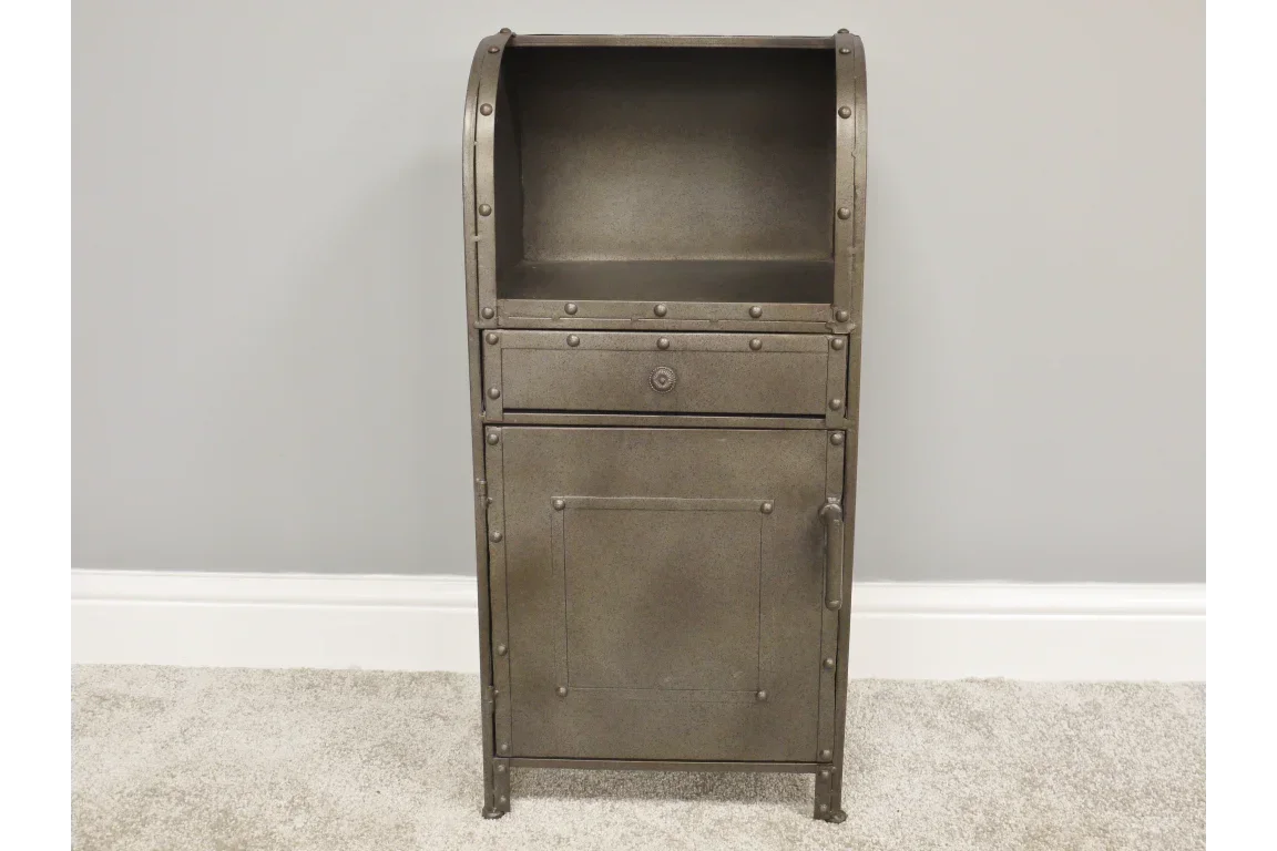 Industrial metal bedside cabinet with rivet detail, single drawer and storage compartment