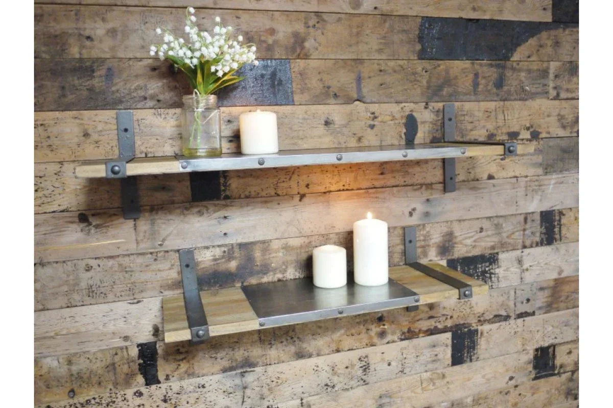 industrial wall shelves with metal brackets on wood wall, decorated with candles and flowers