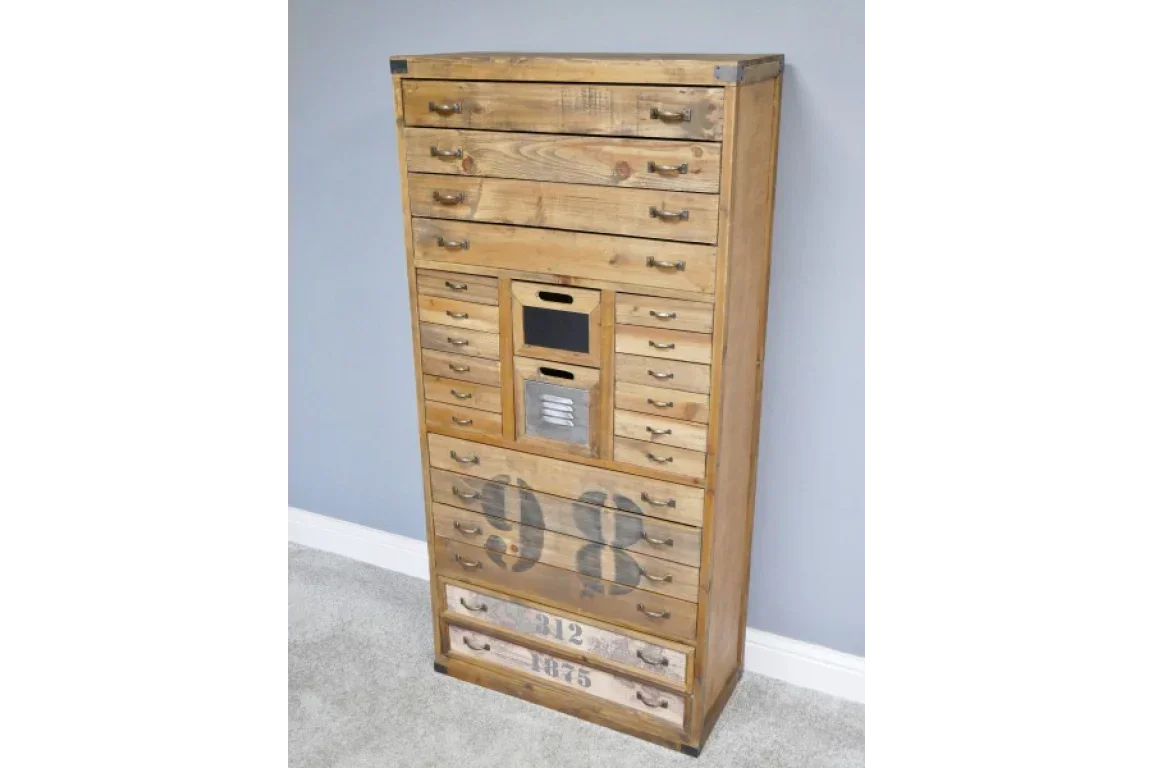 Tall wooden storage cabinet with multiple drawers and metal handles, industrial style