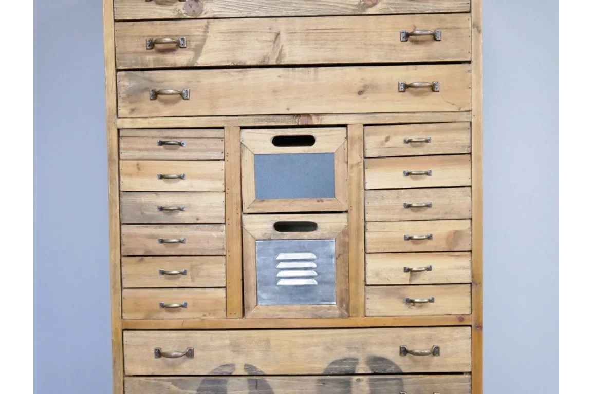 Tall wooden chest of drawers with multiple compartments and metal handles