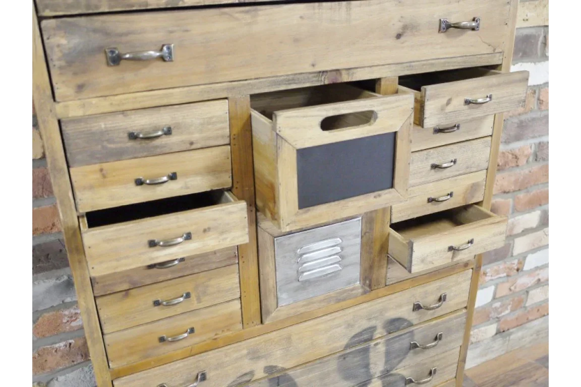 Rustic wooden storage chest with multiple drawers and metal handles, some drawers open
