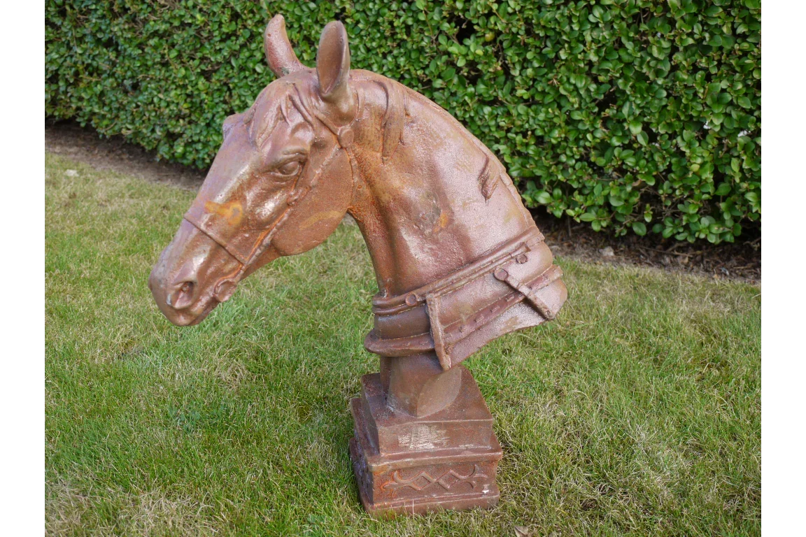 Rust effect horse head garden sculpture on grass with hedge backdrop