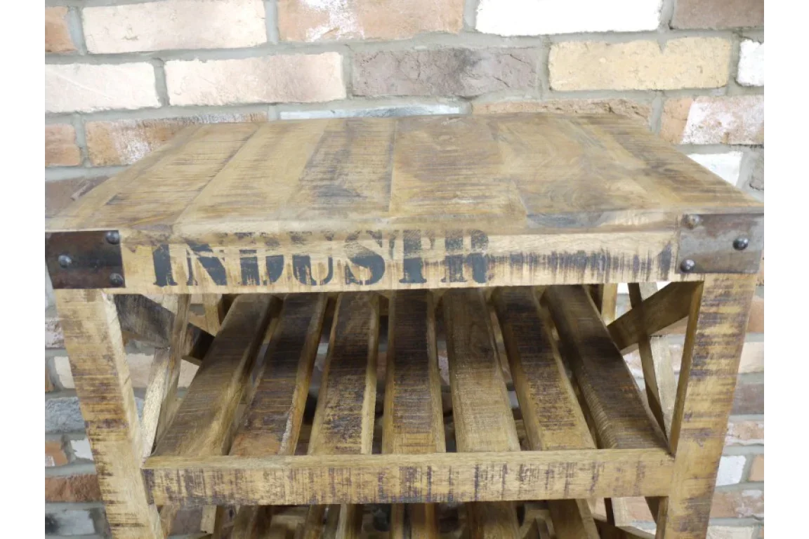 industrial style wooden shelving unit with metal corner accents and slatted shelves