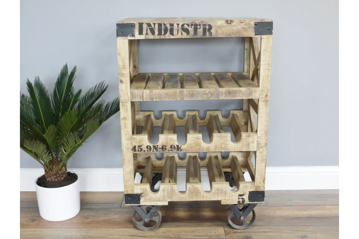 Rustic industrial wooden wine rack with caster wheels and metal accents