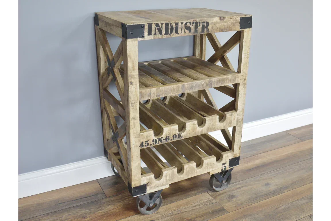 industrial style wooden wine rack on metal wheels with three shelves