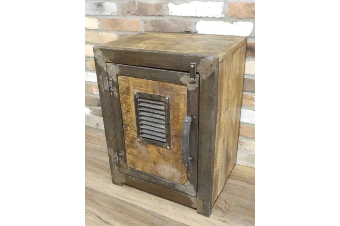 Industrial style wooden side table with metal frame and front vented door