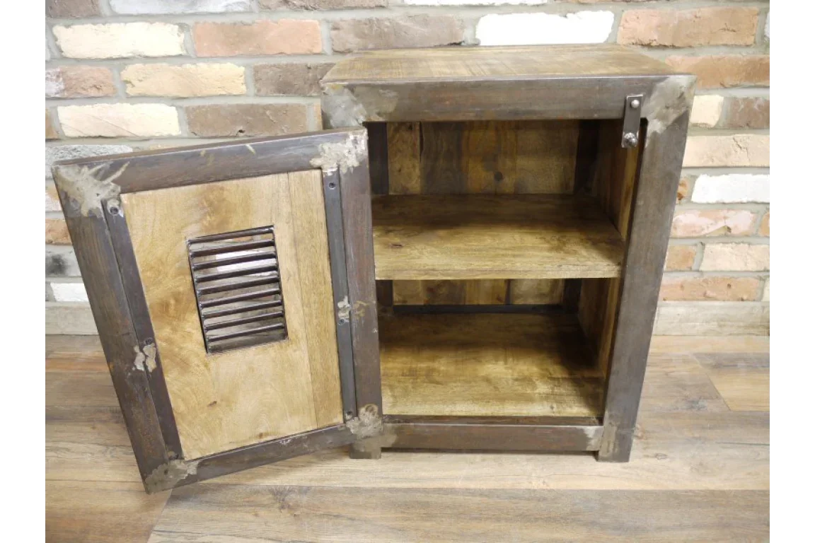 Industrial style wooden side cabinet with metal frame, open door and internal shelf