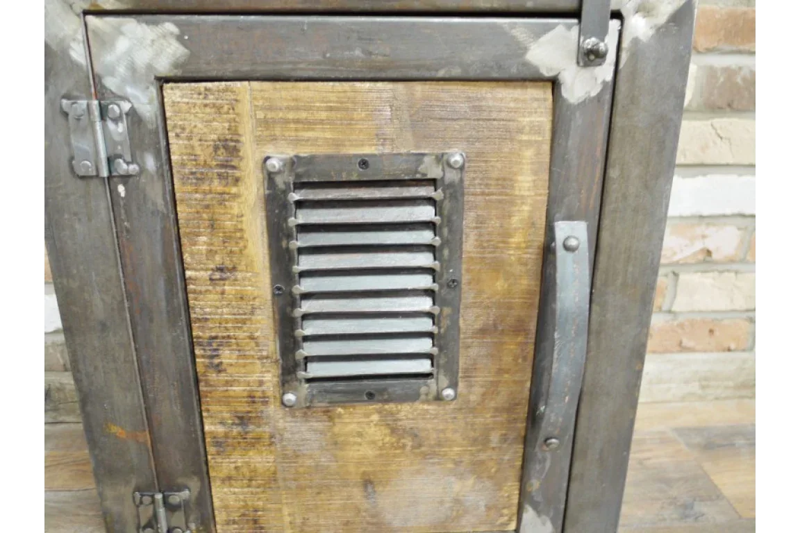 Industrial sideboard cabinet door with metal frame and wood panel, vent detail visible