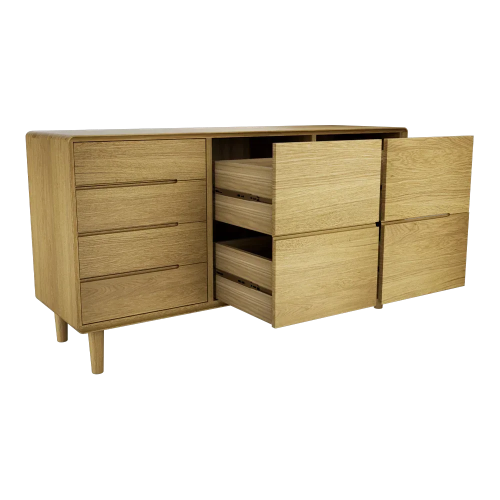 Oak sideboard with six drawers, two open to show interior storage compartments