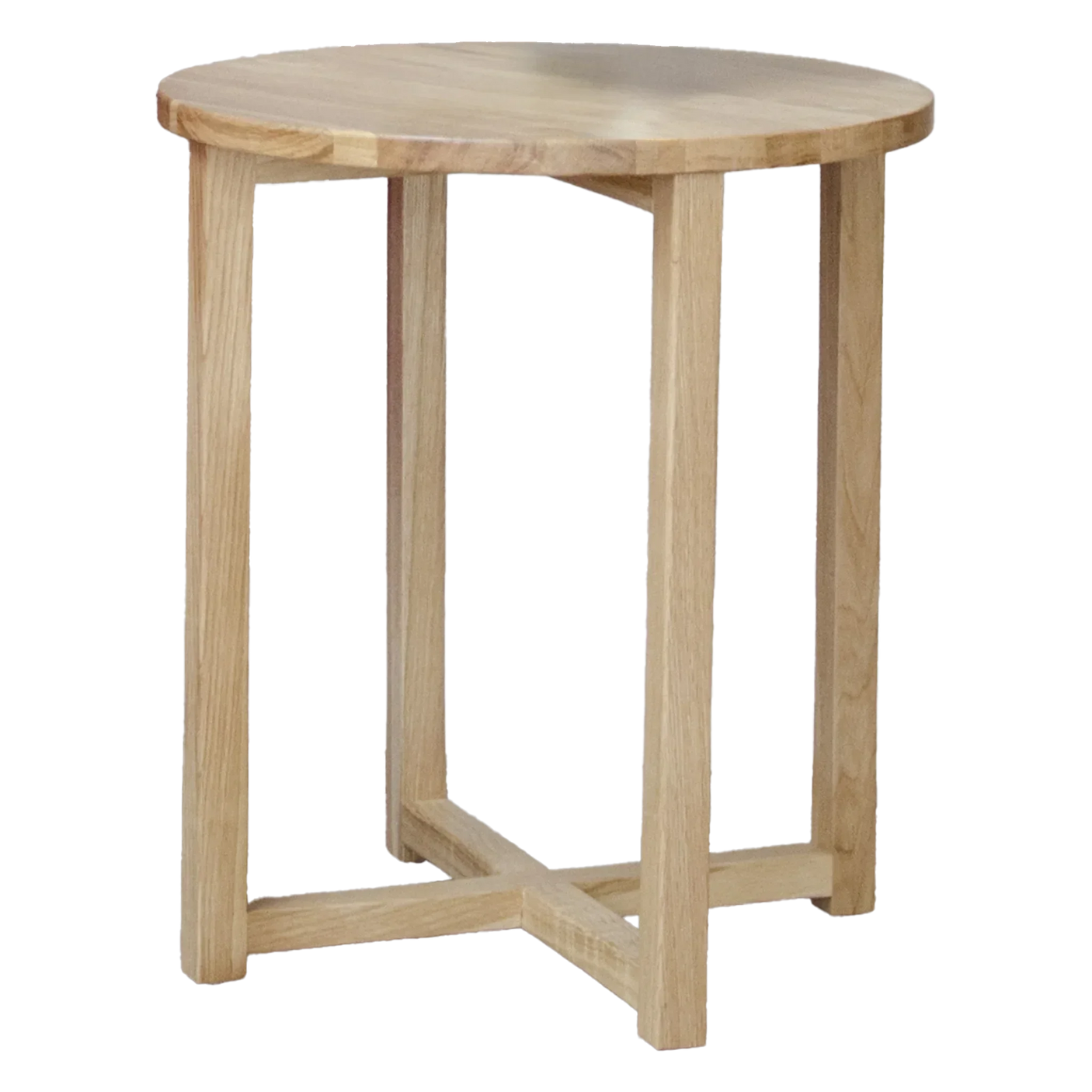 Light oak side table with round top and crossed wooden base, shown at an angle