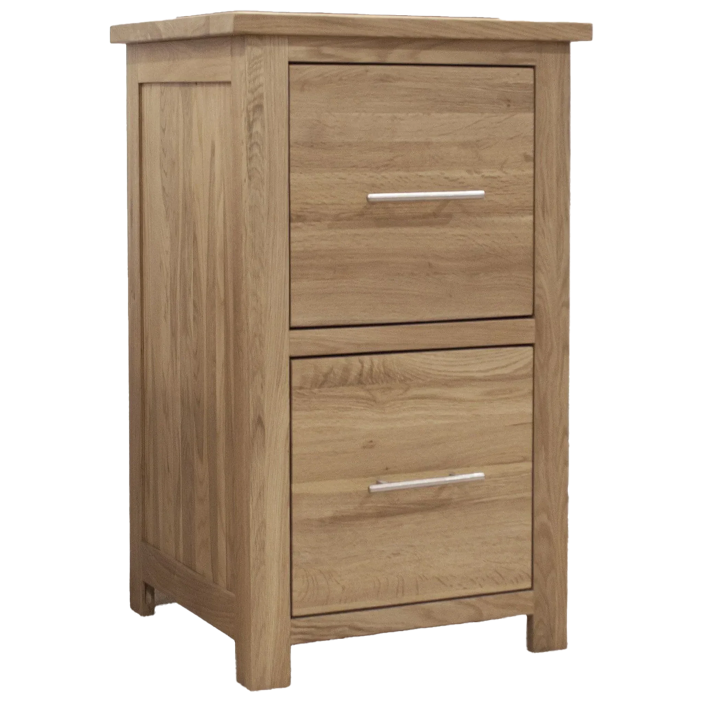Oak bedside cabinet with two drawers and silver handles
