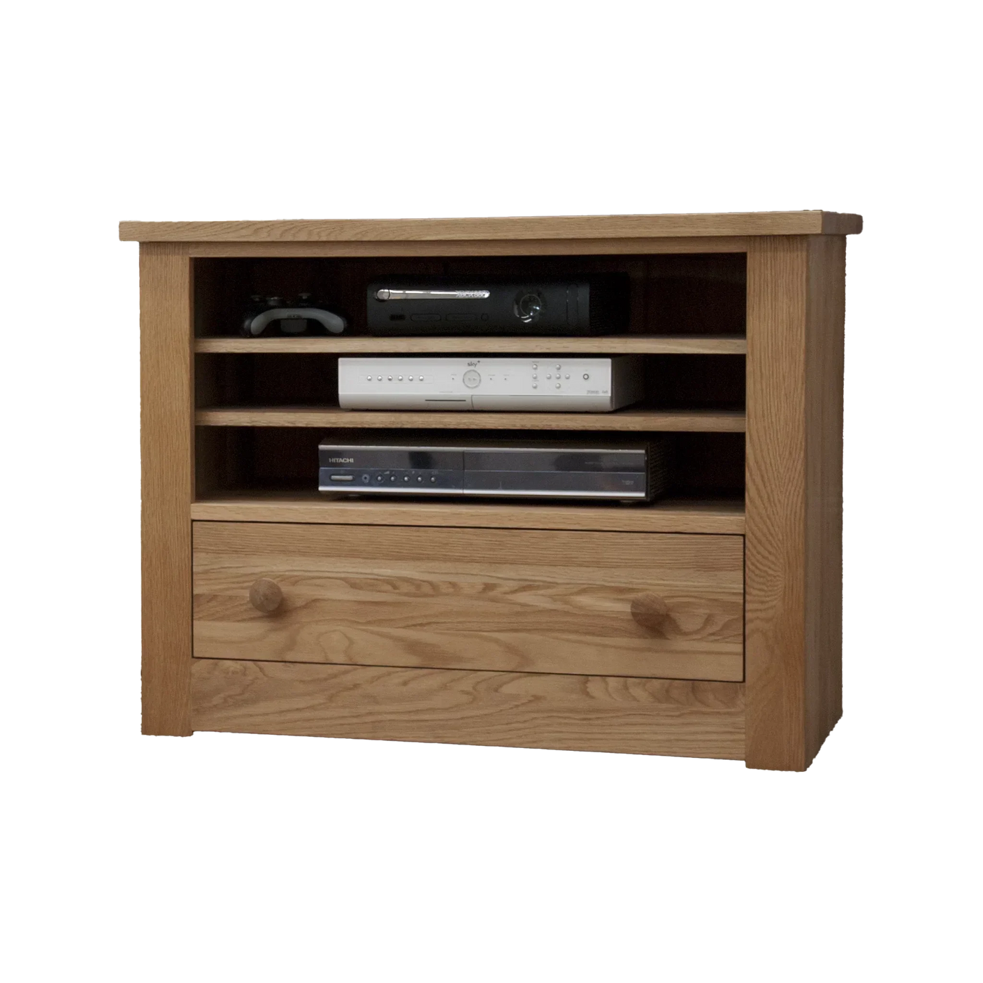 Oak TV unit with open shelving and single lower drawer for media storage