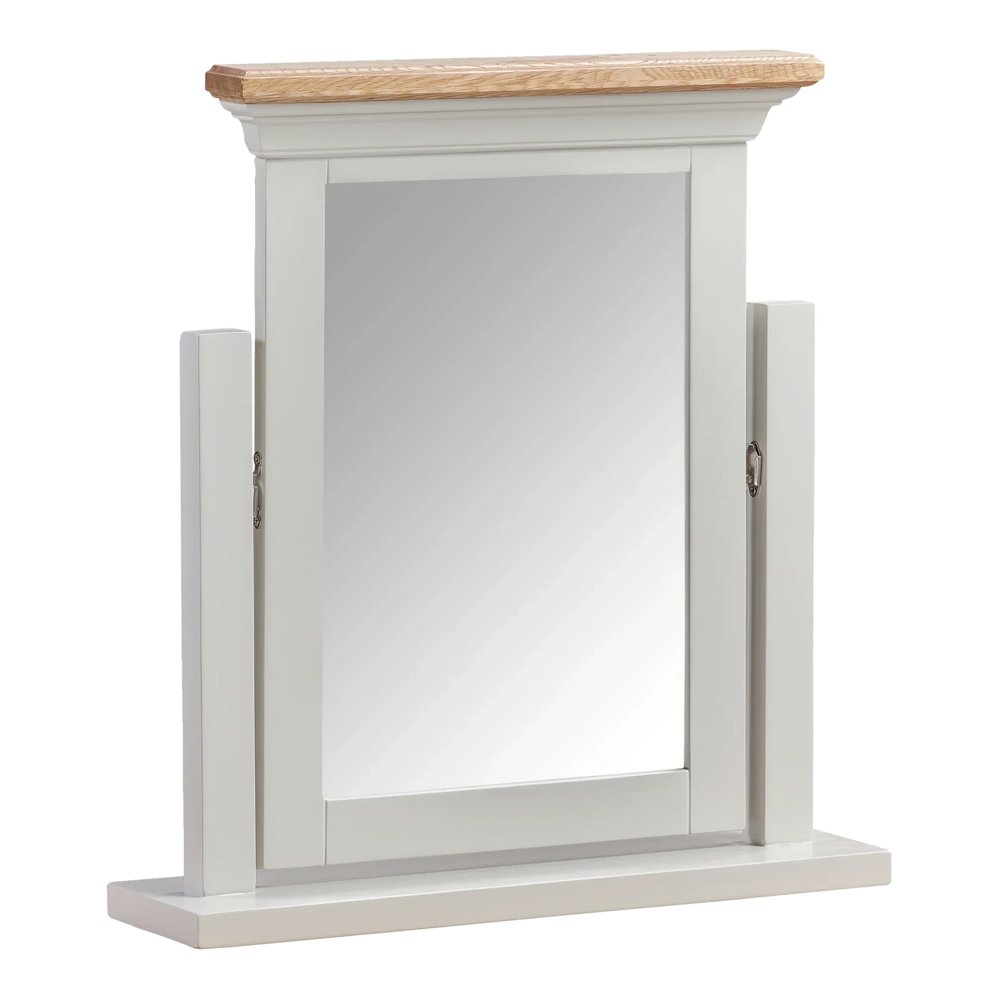 White dressing table mirror with light wood top and rectangular frame