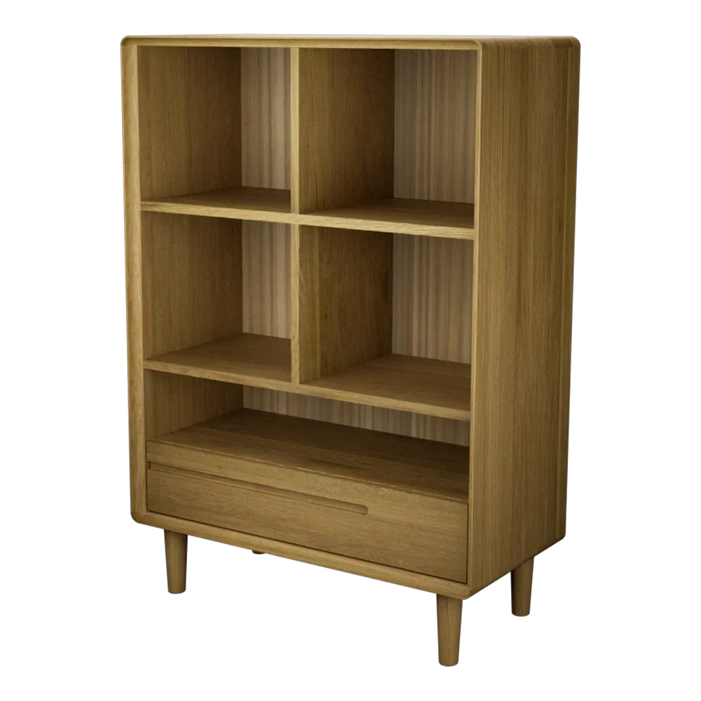 Oak bookshelf with four open shelves and a single drawer on wooden legs