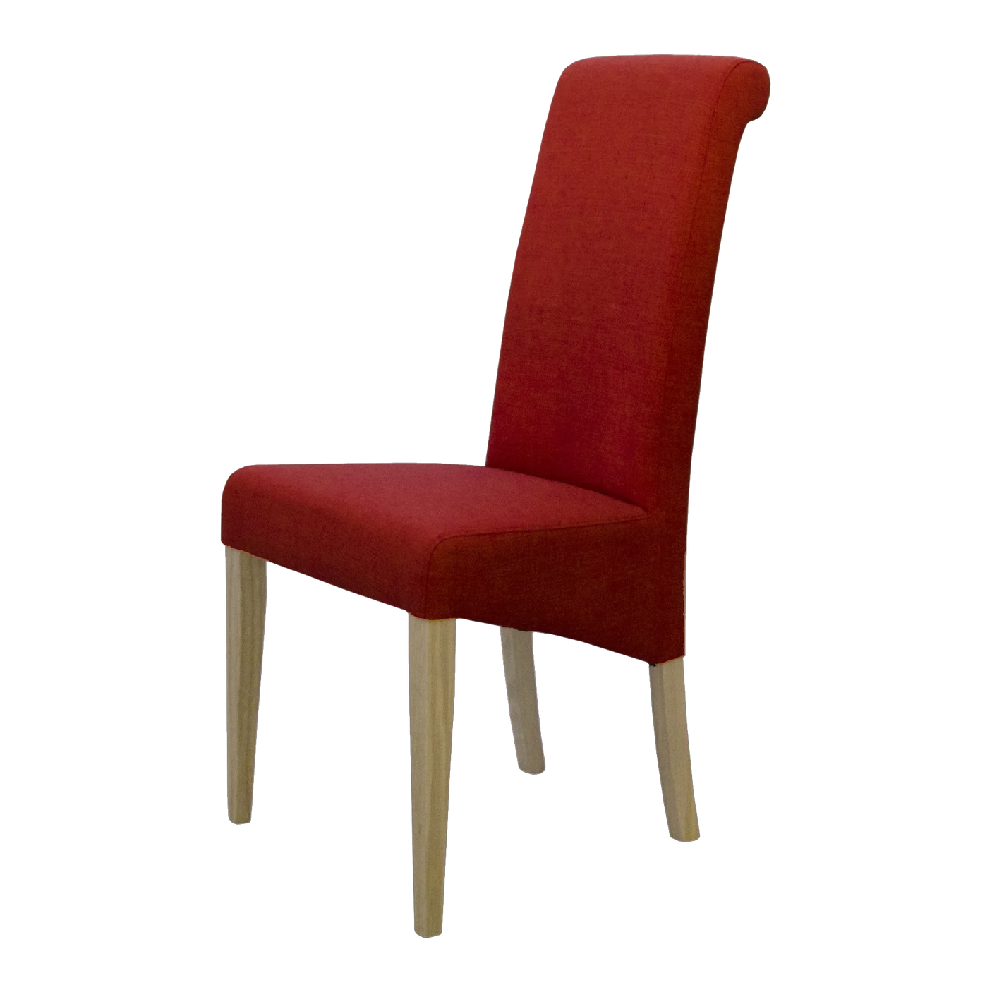 Red fabric dining chair with light wood legs, side view