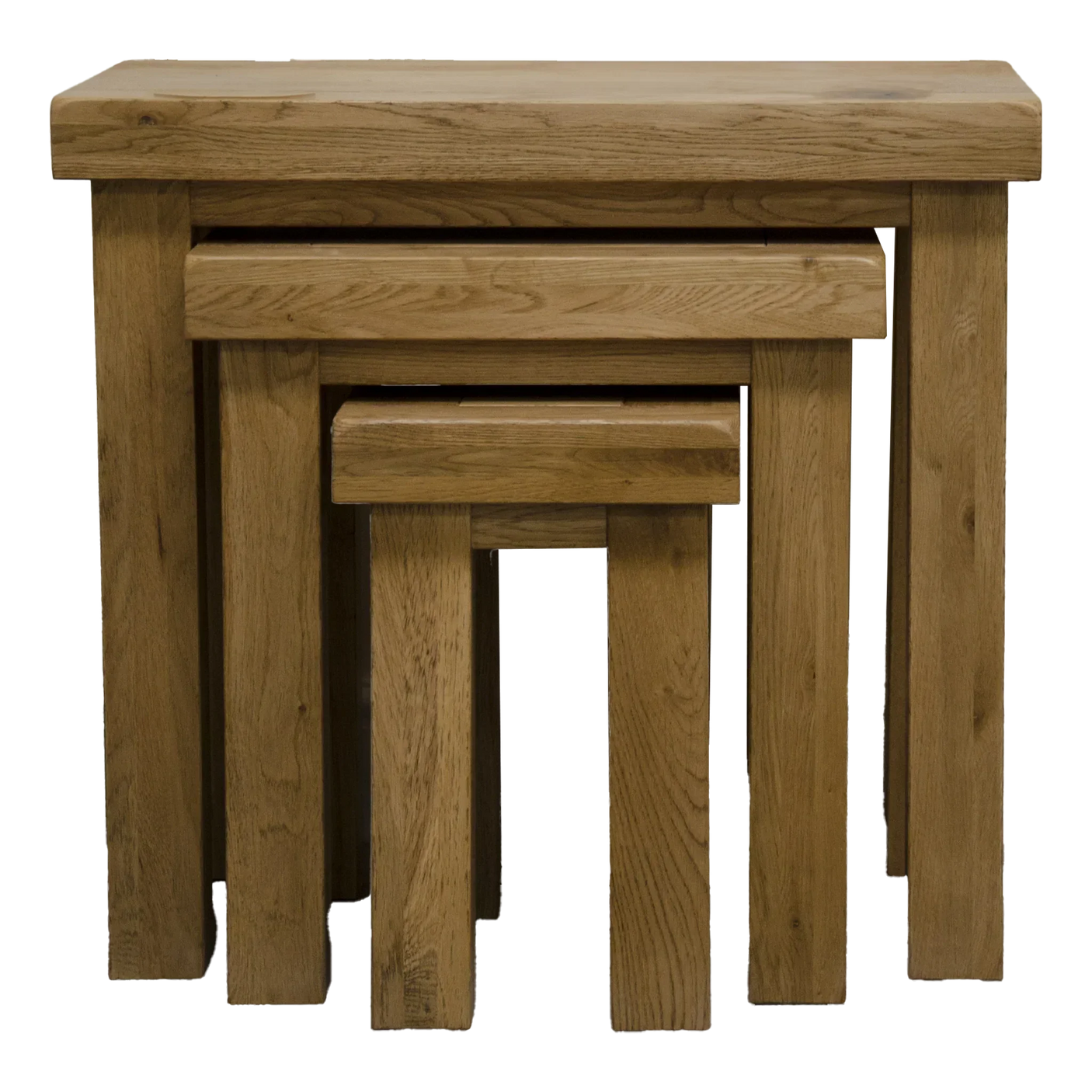 Solid oak nest of tables set in natural finish with clean lines