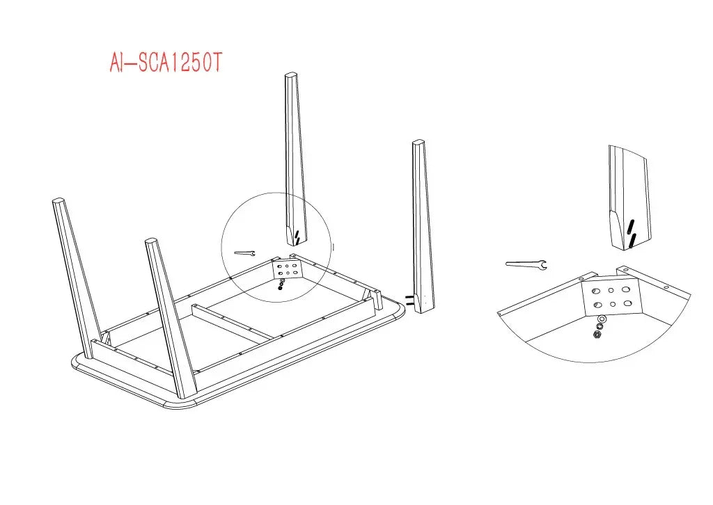 Rectangle dining table assembly diagram with four legs, screws, and insert tool shown