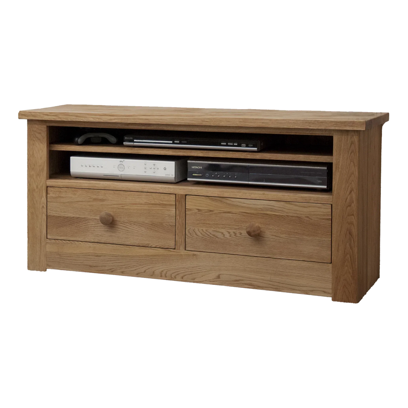 Oak TV unit with two open shelves and two storage drawers, front view