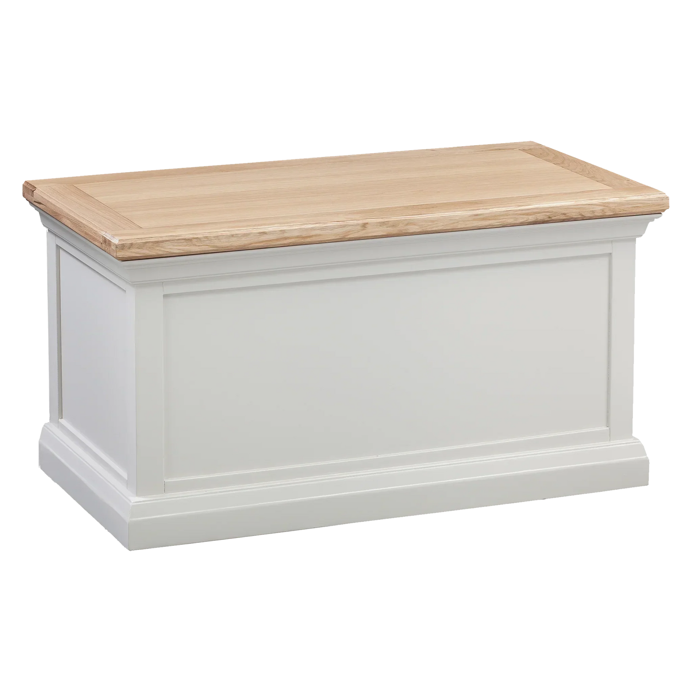 Wooden storage chest with white painted sides and natural oak top, angled front view