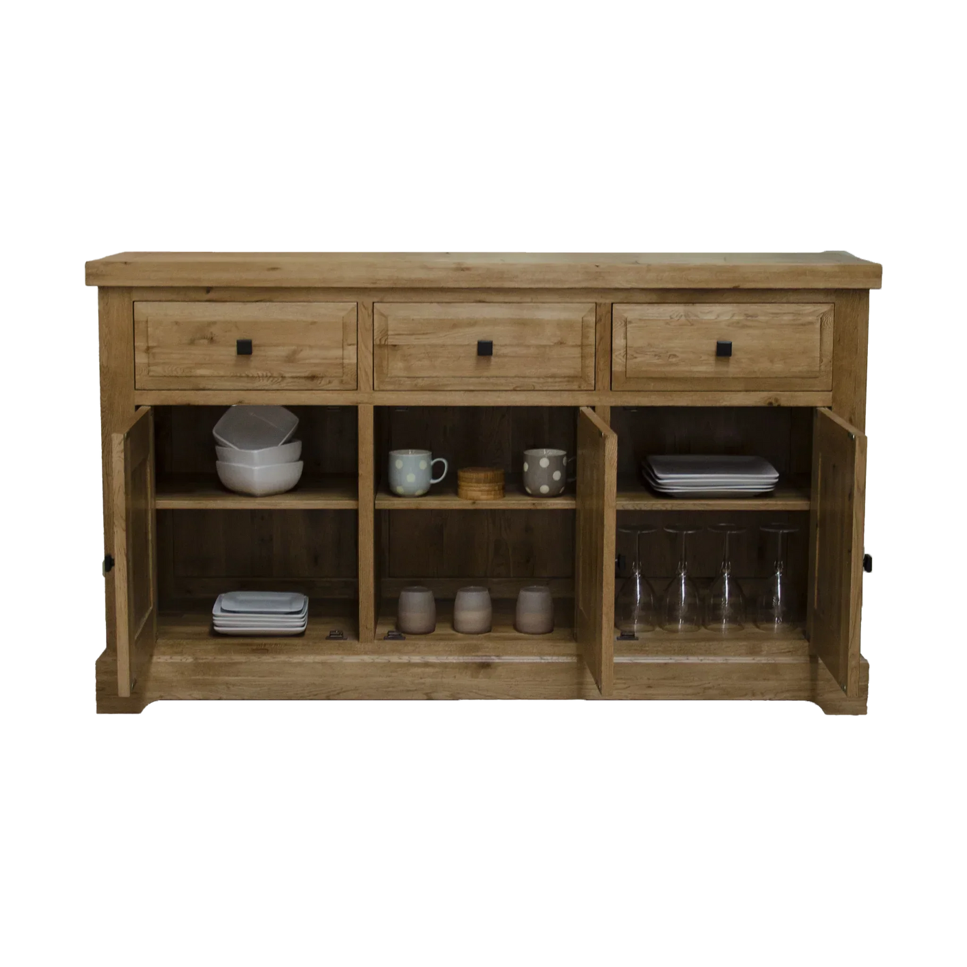 Oak sideboard with three drawers and open cabinet doors showing dishes and mugs inside