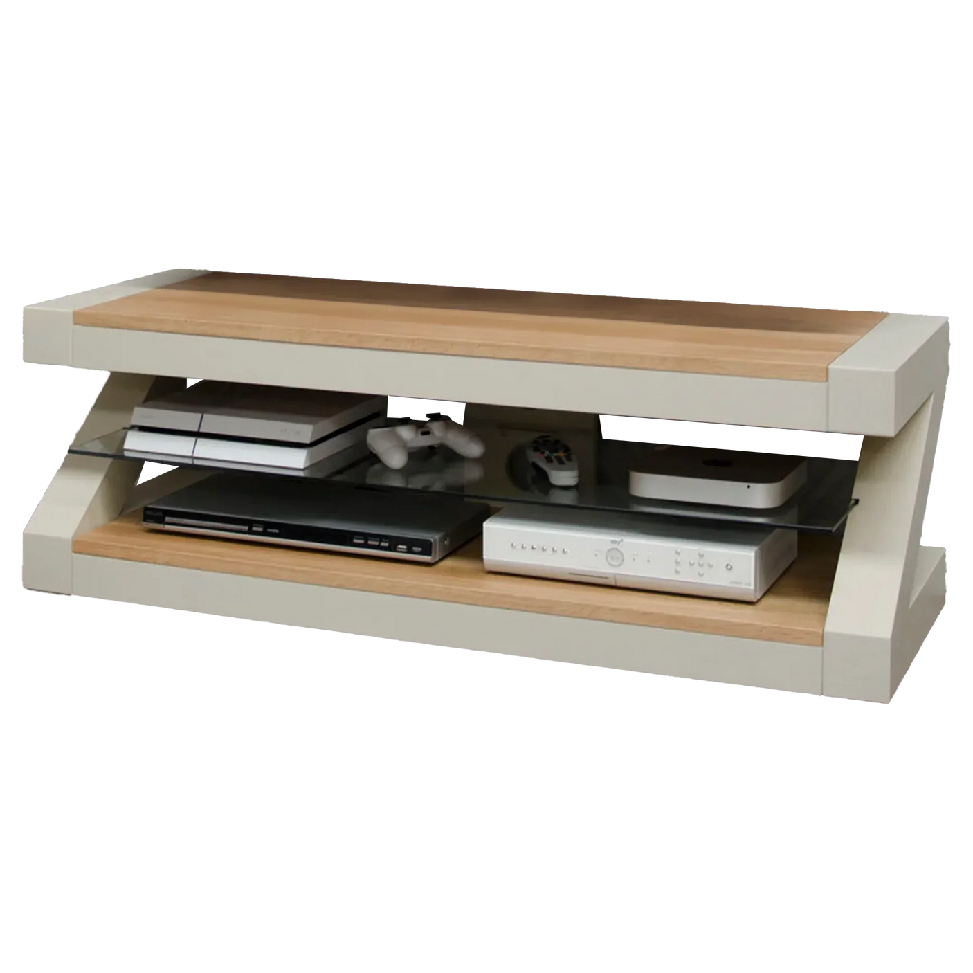 Modern TV unit with light wood top, glass shelf and open storage for electronics