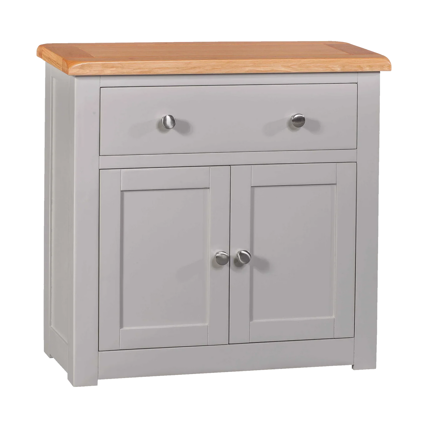 Grey sideboard with oak top, single drawer, and double door storage